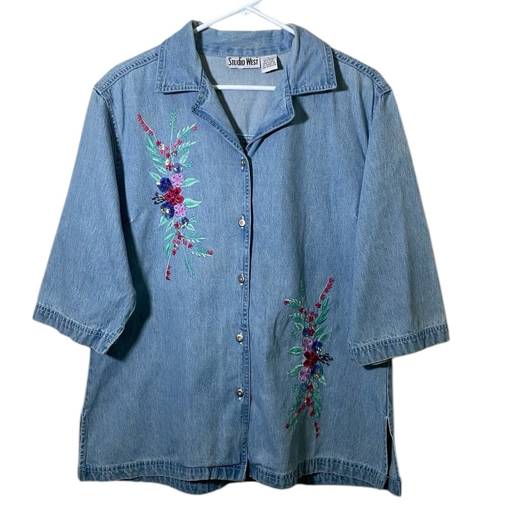 Studio West Button Down Denim Floral Embroidery Shirt